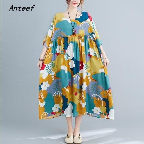 Short sleeve cotton vintage floral dresses for women casual loose long woman summer dress elegant clothes 2021