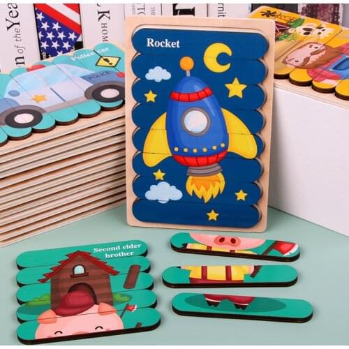3D Puzzle Cartoon Strip Wooden Creative Baby Toys Telling Stories Stacking Jigsaw Montessori Toy for Children 1PC Double-sided