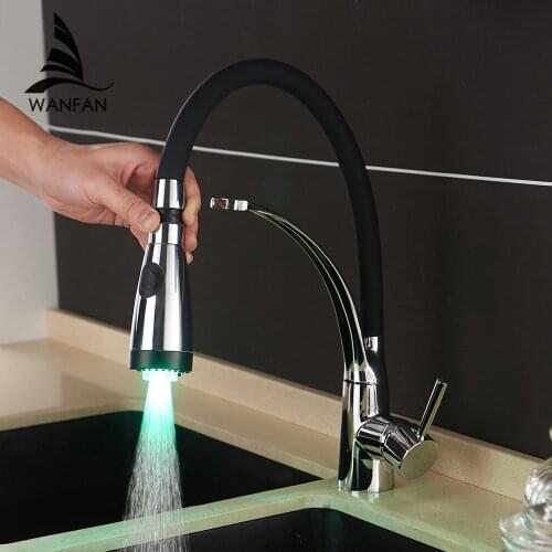Black LED Kitchen Faucets with Rubber Design Chrome Mixer Faucet for Kitchen Single Handle Pull Down Deck Mounted Crane GYD-7668
