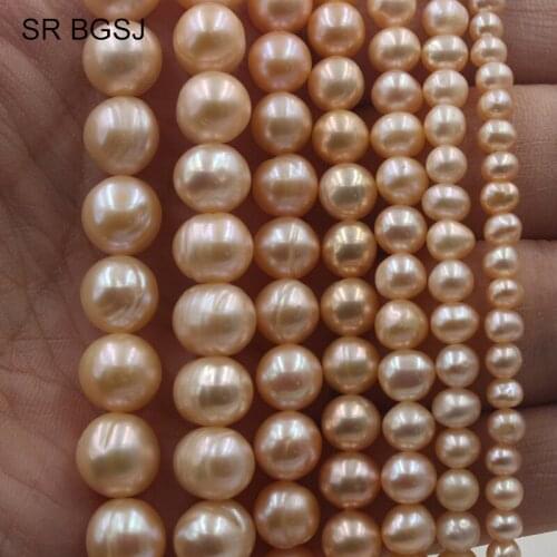 Free Ship 4-11mm Wholesale Nearly Round Natural Freshwater Pearl Jewelry DIY Beads Round Pink Pearls Strand 15"