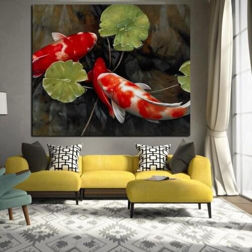 Chinese Koi Fish Lotus Canvas Prints Feng Shui Animal Landscape Painting Wall Art Picture For Living Room Moder Home decoration