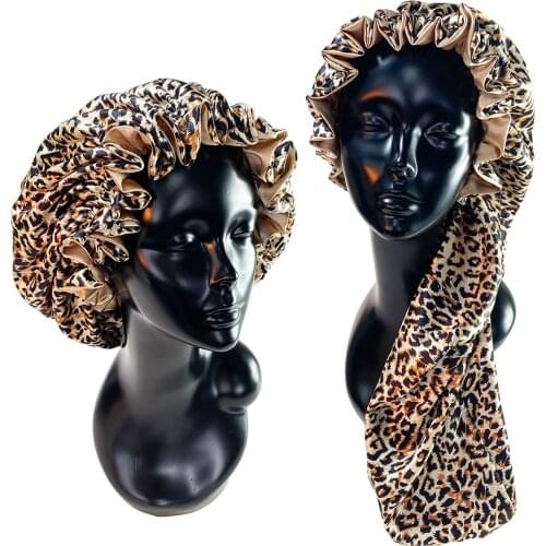 Leopard Print Double Layer Silky Bonnet Adjustable Elastic Band High Quality Satin Nightcap Free Shipping