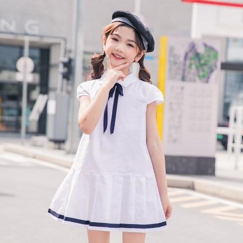 Summer 2020 Girls Pleated Dress Children Cute Lapel College Style Short Sleeve Dresses Princess Skirt