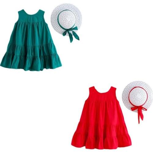 Cathery Summer Baby Girls Dresses +Straw Hat Solid Color Sleeveless Tiered Dress Loose Style Summer Outfits Childrens Clothing