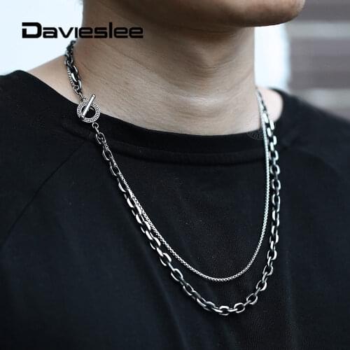 Layered Gunmetal Stainless Steel Necklace for Men Oxidized Box Cable Rolo Link Chain Punk Neck Jewelry Gifts Party New LTNS024