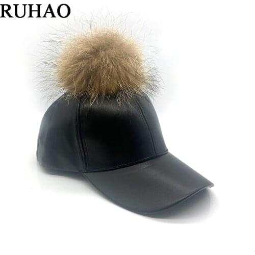 2020 new real fur ball baseball cap imitation leather female cap high quality autumn and winter warm hat Snapback Bone Gorras