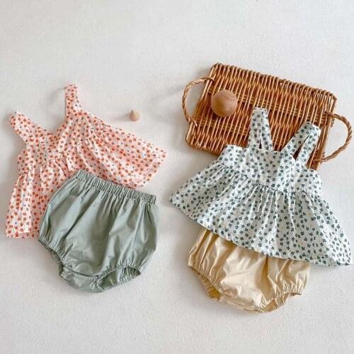 Summer New Baby Suit Floral Sleeve Tops and Solid Cotton Bloomer Casual Loose Infant 2Pcs