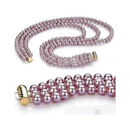 Charming 3row 9-10 mm round lavender pearl necklace 18"-20"