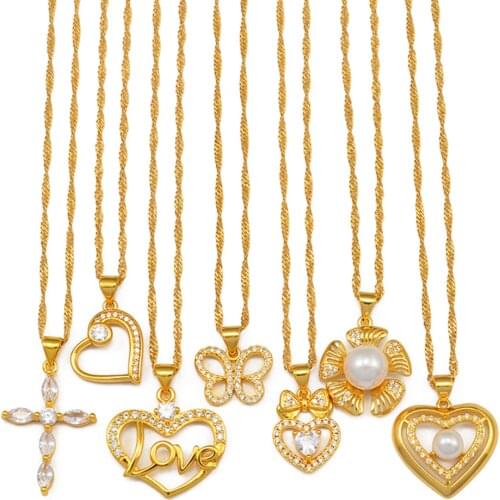 Anniyo Charm Zircon Cross,Hawaiian Pearl Flower,Heart Necklace,Butterfly Pendant Chains Gold Color Luxury Jewelry Africa #200025