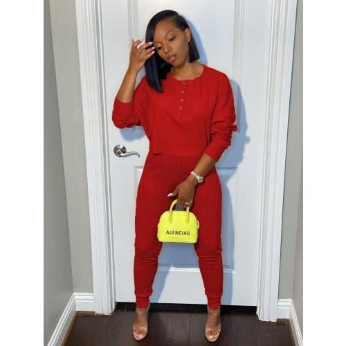 Solid Color Two Piece Sportswear Sets Womens Crew Neck Long Sleeve Button Loose T Shirt Top Rib Knit Slim Fit Long Sweatpants