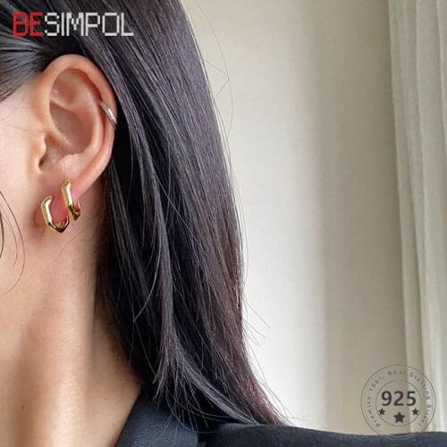 Besimpol Real 925 Sterling Silver Earrings French Style Round Irregular Hoop Earrings for Women Luxury Trendy Fine Jewelry Gifts