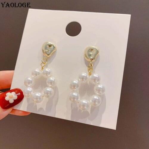YAOLOGE Gold Color Imitation Pearls Earings 2021 Trend Round Alloy Drop Earrings For Women Party Gift Fashion Jewelry Brincos