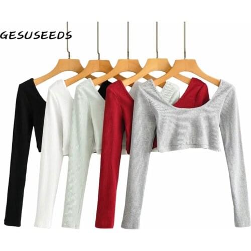 2021 Sexy t shirt women long sleeve tees u neck knit top backless korean cropped t shirt casual white t shirt women clothing