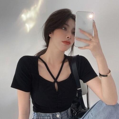 Womens Korean-Style Square Collar Halter Design Slim-Fit Bottoming Shirt Inner Wear Short-Sleeved T-shirt Short Summer Top
