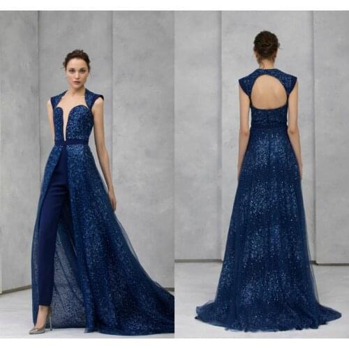 2020 Navy Evening Jumpsuit With Detachable Skirt Lace Sequined Beaded High Collar Prom Dress Formal Party Gowns Pants Suit