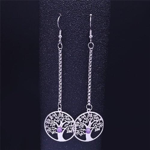 2021 Tree of Life Purple Natural Crystal Stainless Steel Long Drop Earring for Women Bohemia Jewelry boucles d'oreilles E8010S04