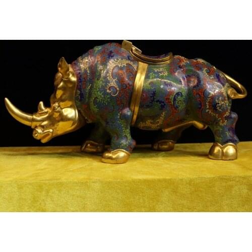 21" Chinese Pure Bronze cloisonne 24K Gold Rhinoceros Ox Oxen Bull Animal Statue