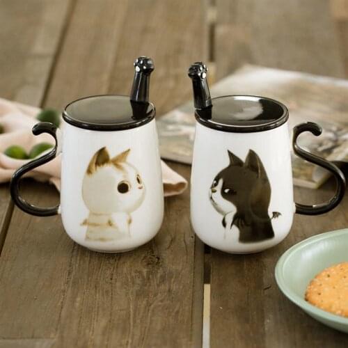 500ml Cartoon Cat Ceramics Mug With Lid And Spoon Coffee Milk Tea Mugs Breakfast Cup Drinkware Novelty Gifts