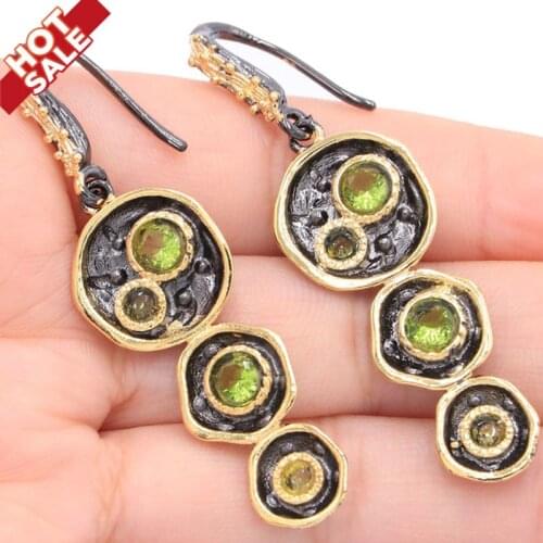 54x15mm Neo-Gothic Vintage Created Green Peridot Tanzanite For Women Cool Black Gold Silver Earrings Hiphop
