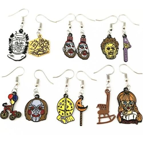 Annabelle Conjuring Captain Spaulding Hellraiser Leatherface Sam Doll Trick or Treat Saw Horror Earrings Metal Gifts for Girl