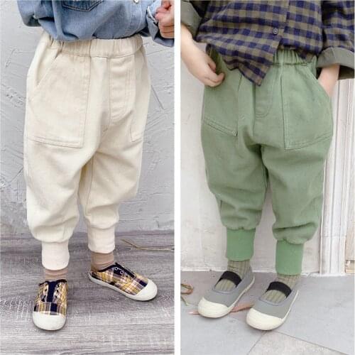 Unisex Baby Kids Pangts Korean Solid Pocket Harem Pants for Girls Boys Children Toddlers Elastic Waist Cotton Trousers Autumn