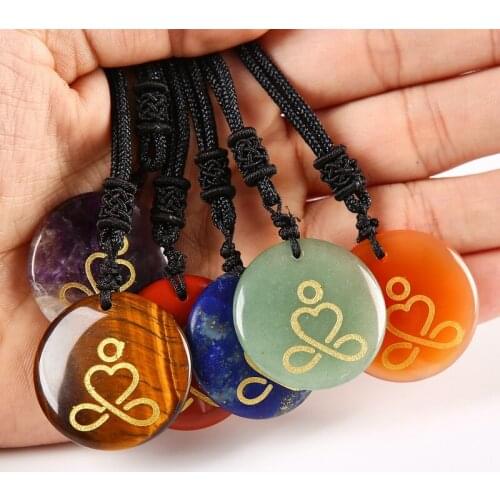 Engrave Yoga Chakras Meditate Pattern Pendant Accessories Natural Crystal Long Necklace For Women Men Jewelry