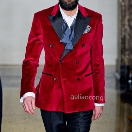 Red Velvet Double Breasted Blazer for Men Slim Fit Single One Piece Male Suit Jacket with Peaked Lapel Italian Style Casual Coat