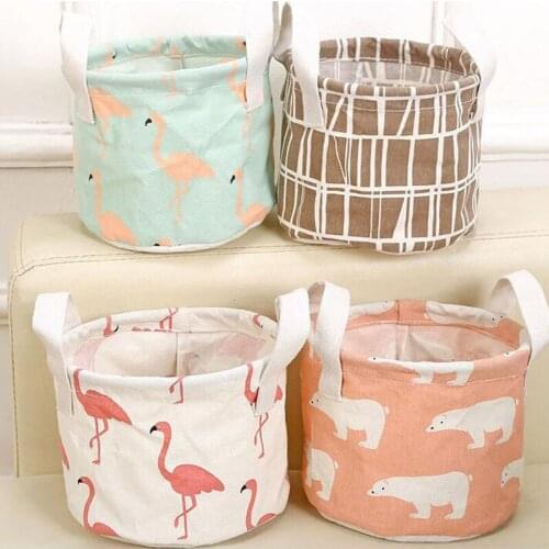 Round Flamingo Cotton Linen Desktop Storage Box Sundries Storage Organizer Stationery Cosmetic Storage Basket ZA5886