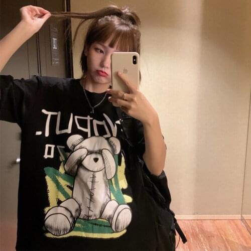 Summer Fun Couple Retro Dark Bear Cartoon Cotton Short-Sleeved T-Shirt Mens And Womens Tops Casual Loose Tops Summer Clothes