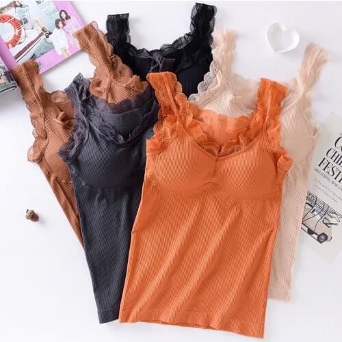 Fashion Women Lace Camisole With Chest Pad Tank Tops Female Sexy Solid Color Bottoming Vest Femme Underwear