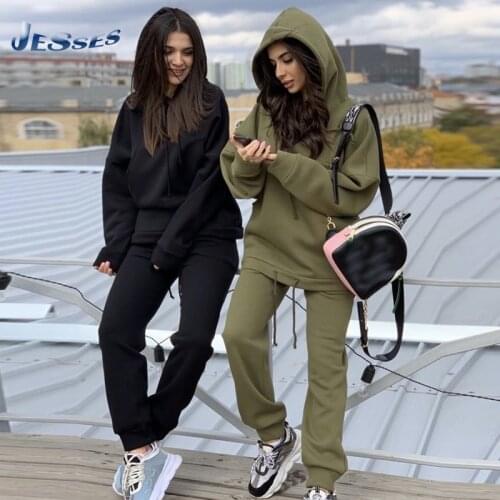 Fashion Pocket Two-piece Suit Ladies Casual Sweatshirt Sports Two-piece Set Winter Plus Size Hooded Sweatshirts + Pants 2 Pieces