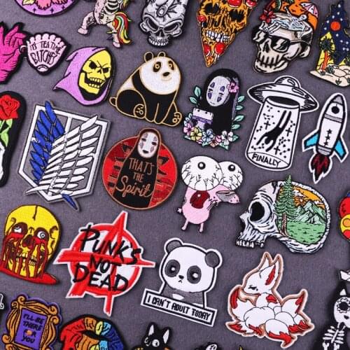 Punk Patch DIY Embroidery Patches for Clothing Stripes Pandas/Anime Skull Patches for Jacket Iron On Patch on Clothes Applique