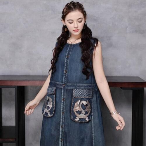 Single Breasted Women Sleeveless Dress Vintage Summer Womens Denim Dresses O-Neck Embroidery Pockets Tank Dress Loose Vestidos