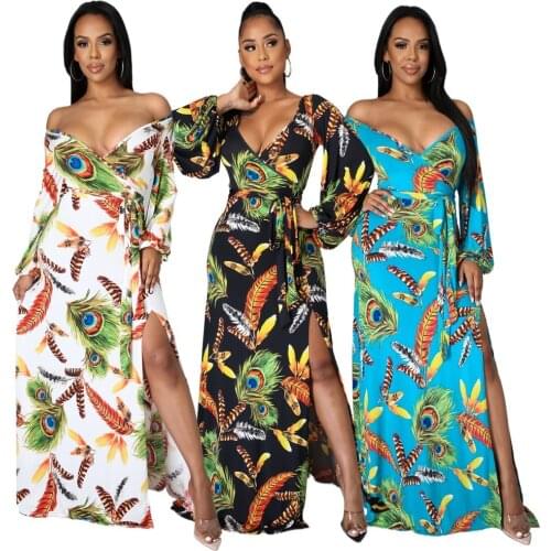Sexy Cleavage Deep V-neck Dress African Fashion Womens Print Long Sleeve Casual Wear 2021 Summer New Dashiki Beach Style Dress