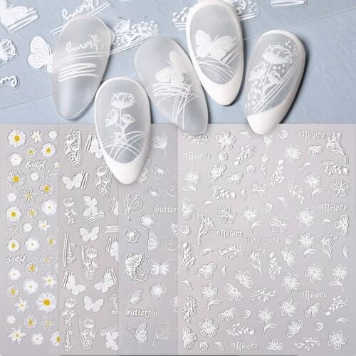 3D White Lace Flowers Translucent Nails Stickers Leaf Ballet Geometry Butterfly Gradient Abstract Nail Art Design Slider Decor