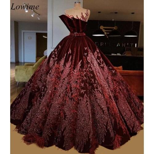Luxury Dark Burgundy Celebrity Dresses 2019 Sheer Neck Velvet Arabic Evening Red Carpet Prom Party Gowns With Sash Feathers