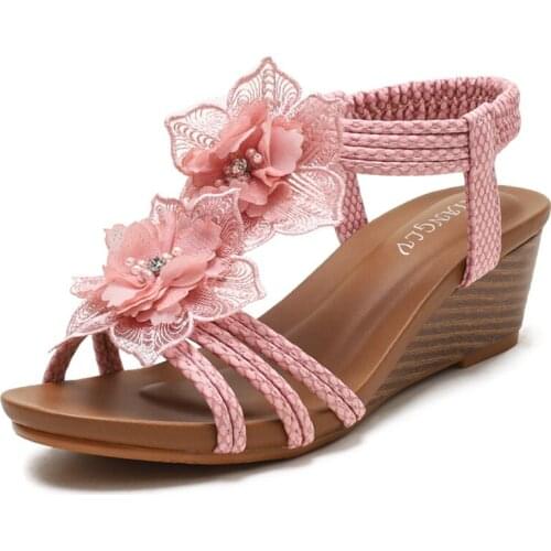 Slope heel Roman shoes women summer retro flowers vacation comfortable round toe sandals women shoes