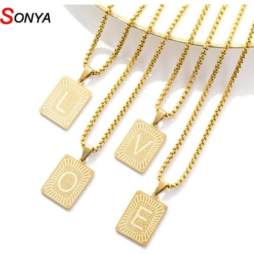 SONYA Stainless Steel A-Z 26 Initials Pendant Letter Necklace For Women Men Gold color Letter Jewelry Hot Gift for Love Friends