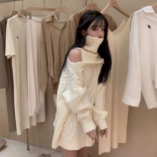 Sweater Women Design Sense High Neck Pullover Off-shoulder Knitted Sweater Womens Outer Wear Autumn And Winter Loose Wild Long
