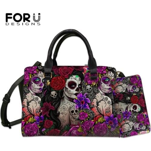 FORUDESIGNS Goth Bags Female Luxury Pu Leather Shoulder Bags And Purse 2Sets Skull Girls And Rose Printed Casual Totes Bag Bolsa