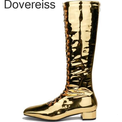 Dovereiss Fashion Female Boots Winter New Chunky Heels Sexy Elegant Zipper Square To Gold Sliver New Knee High Boots 46 47 48