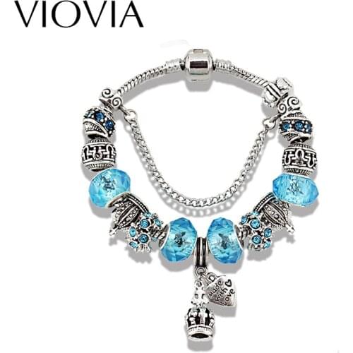 VIOVIA Crown Charm bracelet for Women Fashion DIY Beads Jewelry Blue Glass Beads Bracelets & bangles Pulseira Gfit B15098