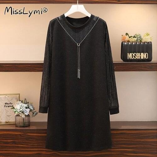 XL-5XL Plus Size Women Elegant Black Short Dress Autumn 2020 Sexy See Through Mesh Long Sleeve Patchwork Loose Ladies Dresses