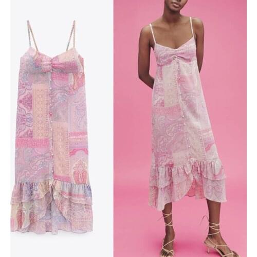 2021 Dress Women Print Sexy Backless Party Dresses Spaghetti Straps Ruffle Asymmetrical Midi Summer Dress Pink Dresses