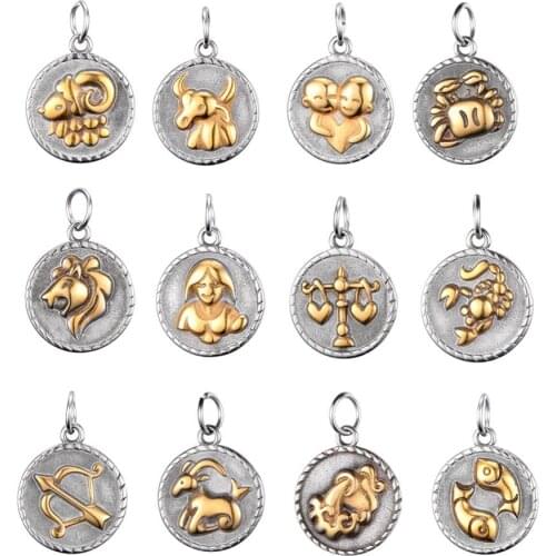 100% Stainless Steel Zodiac Charm For Jewelry Making Gold Color Metal Twelve Constellations Charm Wholesale 12pcs/lot