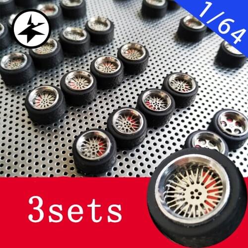 3Sets 1/64 Mini Car Tires 4.5*11.5mm Etching Piece Flower Wheel Hub with Rubber Tyre 1mm Axle Brake Disc for 1:64 Model Car