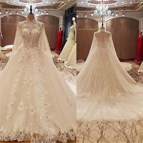 High Neck Sleeves Bling Bling Wedding Dresses Lace Appliques Lace Up Back With Removable Wrap Tulle Bridal Gowns Beading Vestido