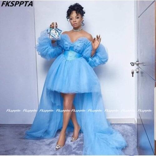 Baby Blue High Low Long Prom Dresses Off The Shoulder Puffy Sleeves Tulle Black Girls Graduation Prom Party Gowns Plus Size