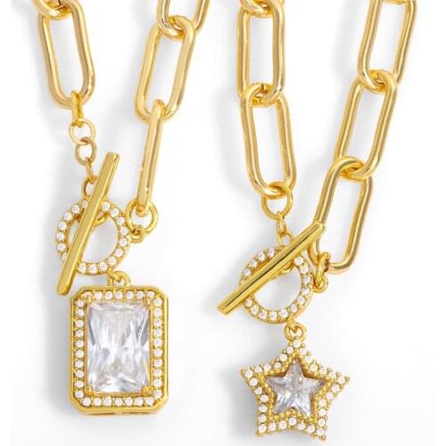 FLOLA Gold Miami Cuban Curb Link Chain Star Necklace For Women Crystal Square Pendant Necklace Collar Chunky Punk Jewelry nket59