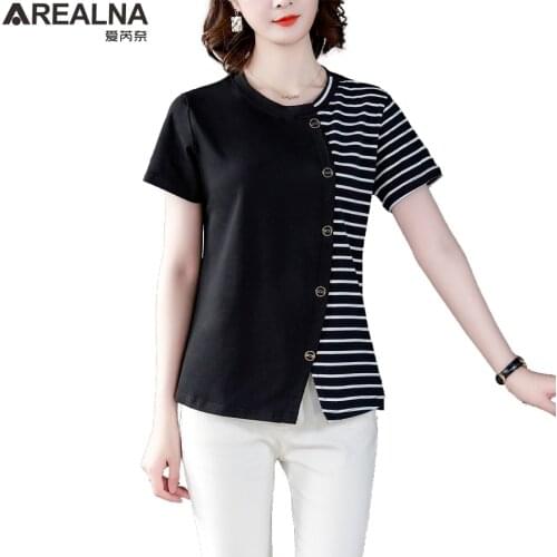 Plus size summer short sleeve t shirt women tops casual ladies clothes vintage stripe Patchwork fashion tshirt female streetwear